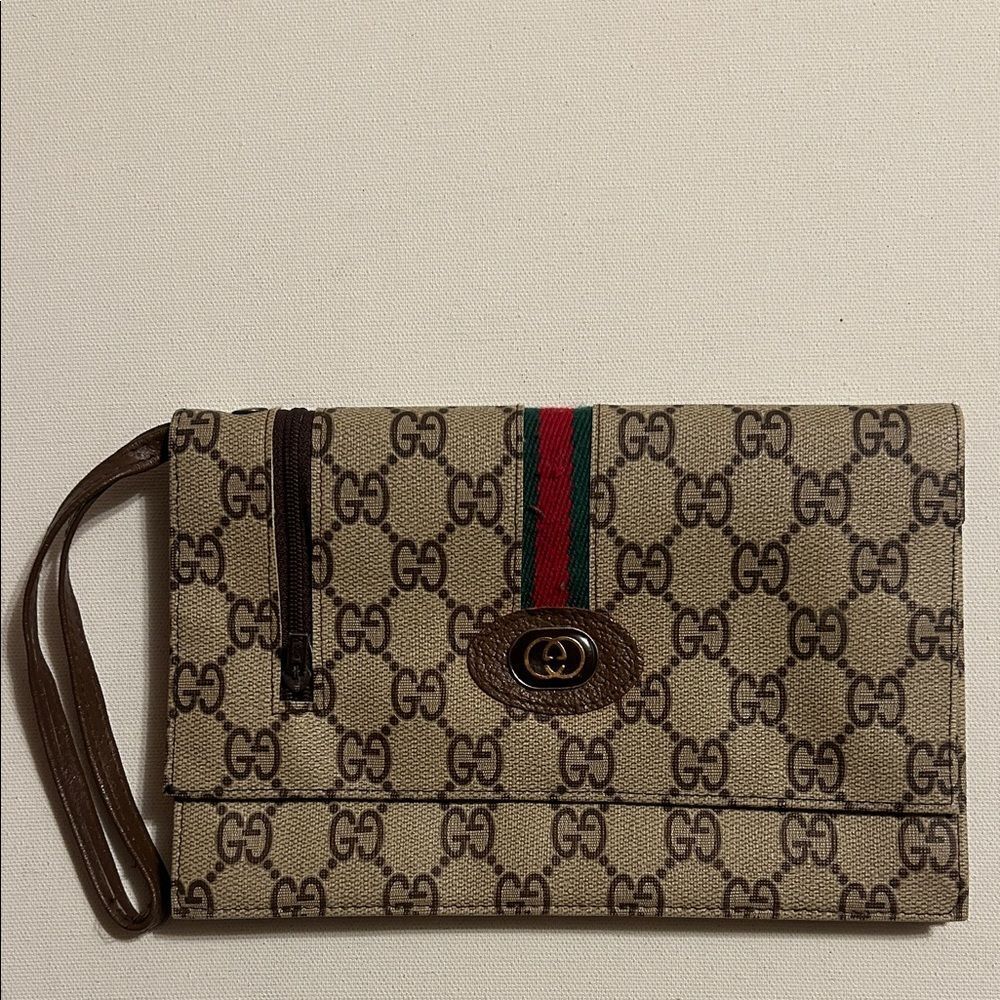 Gucci Vintage Beige and Brown Monogram Clutch